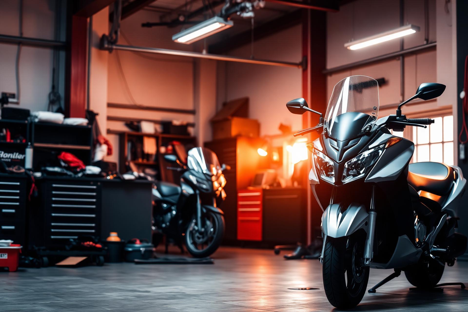 Motorcycle on a lift in the workshop