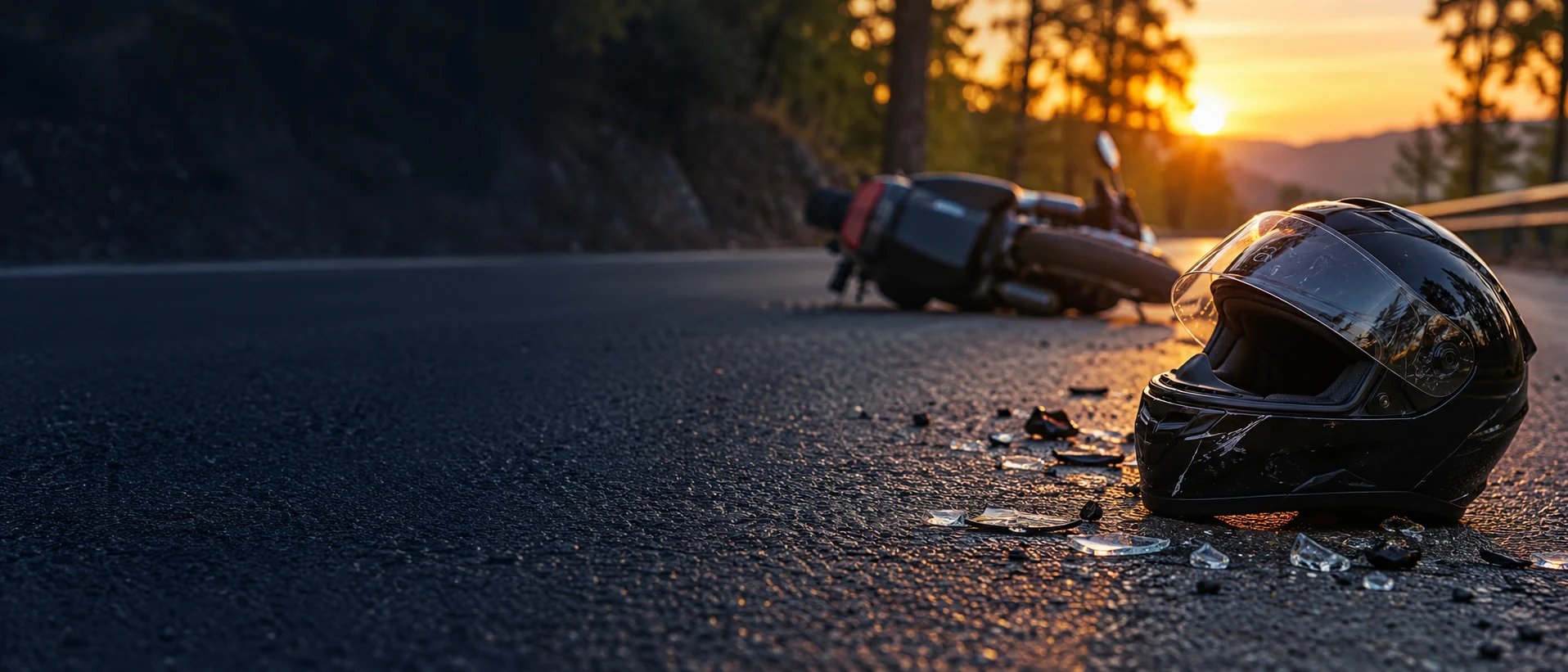 Motorcycle helmet on the road after an accident