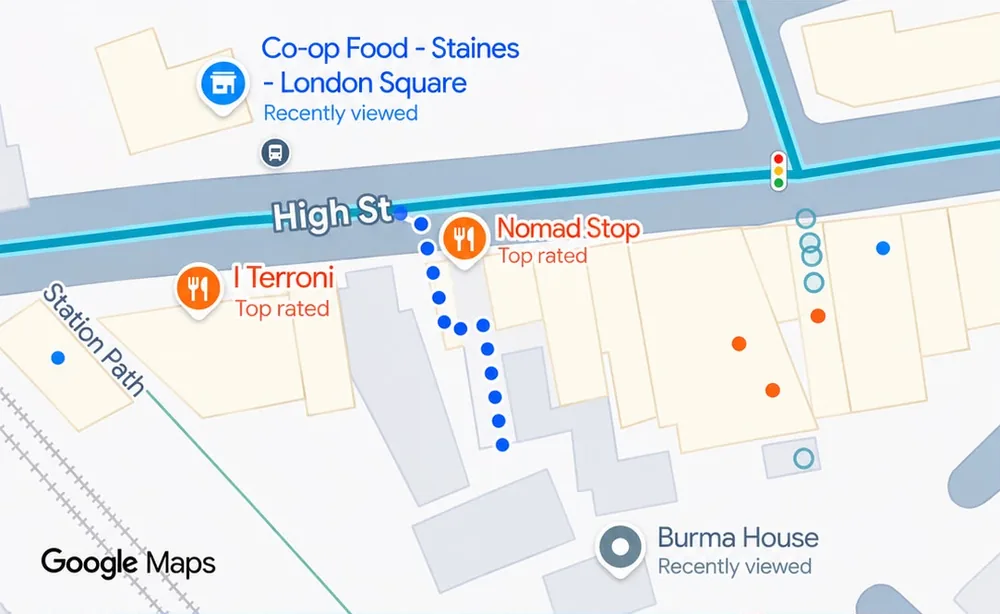 Map: walking route from High Street opposite the Co-op to Burma House