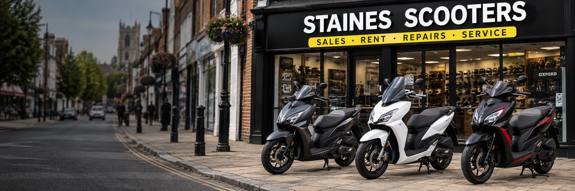 Illustration of three scooters outside a Staines Scooter showroom