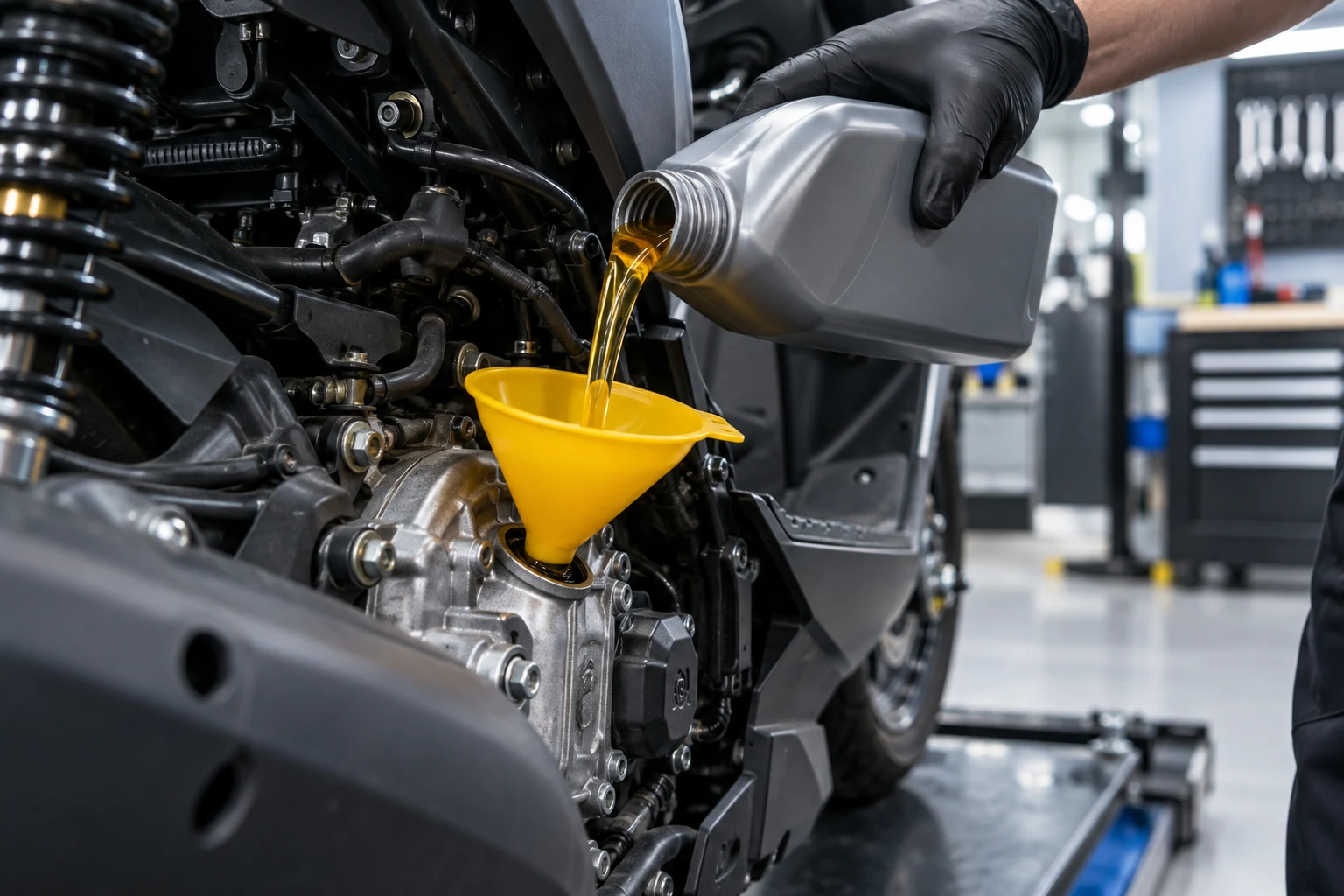 Fresh engine oil being poured during a scooter service